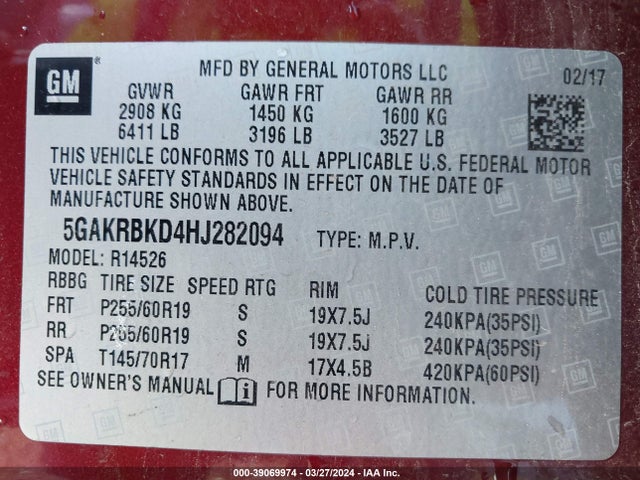 5GAKRBKD4HJ282094 Buick Enclave Leather