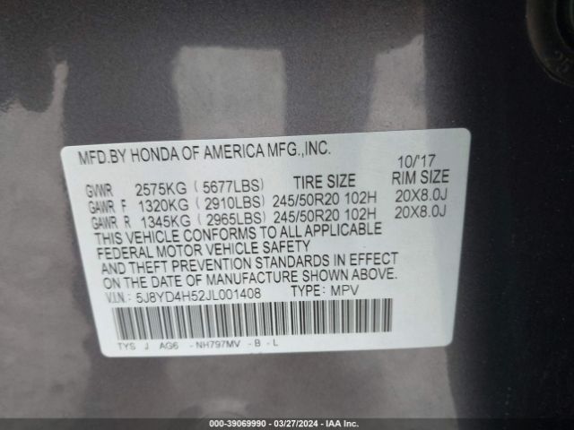 5J8YD4H52JL001408 Acura Mdx Technology Package   Acurawatch Plus Pkg