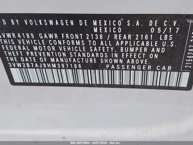 3VW2B7AJ9HM397166 Volkswagen Jetta 1.4t S