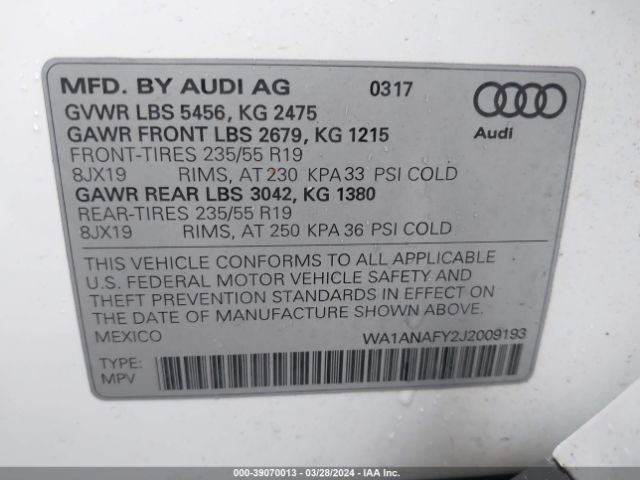 WA1ANAFY2J2009193 Audi Q5 2.0t Premium/2.0t Tech Premium
