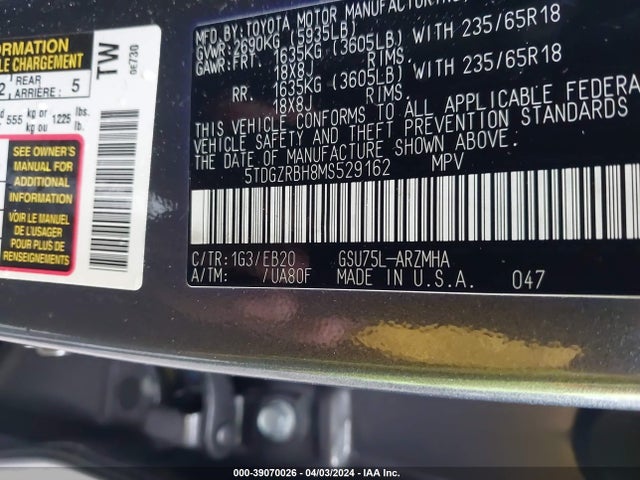 Toyota Highlander Xle 2021 5TDGZRBH8MS529162 Image 9
