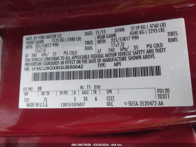 Ford ESCAPE SE 2016 1FMCU9GX8GUB50042 Image 9