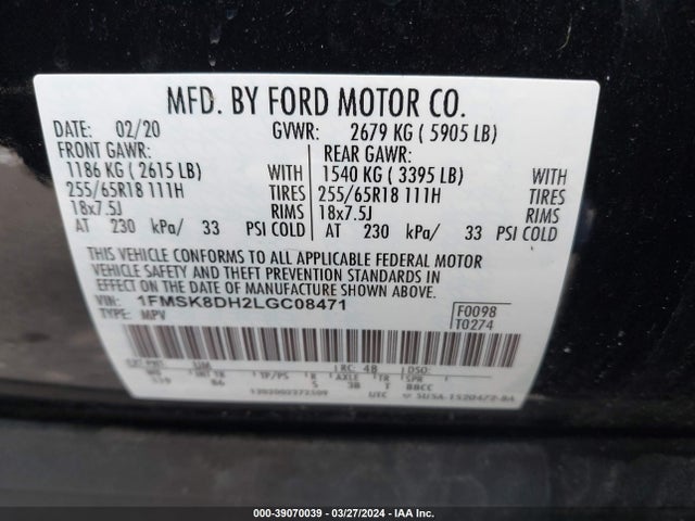 Ford EXPLORER XLT 2020 1FMSK8DH2LGC08471 Image 9