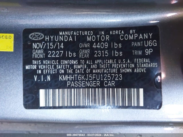 Hyundai Genesis 3.8 Base 2015 KMHHT6KJ5FU125723 Image 9