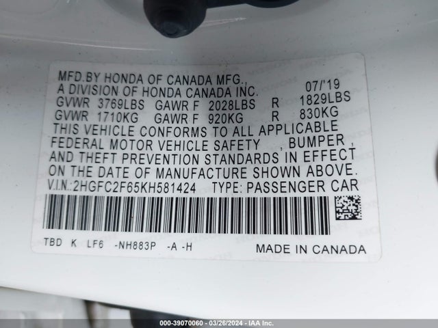 Honda Civic Lx 2019 2HGFC2F65KH581424 Image 9