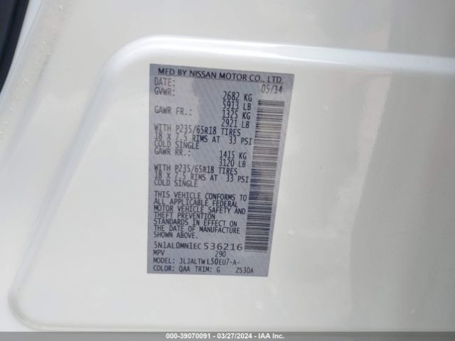 5N1AL0MN1EC536216 Infiniti QX60