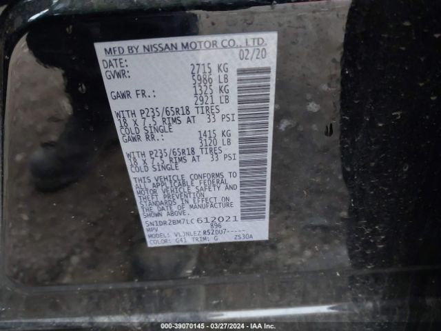 5N1DR2BM7LC612021 Nissan Pathfinder Sv 4wd