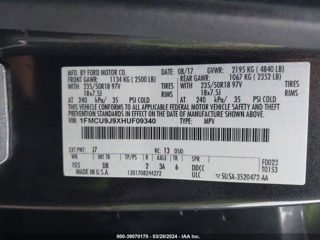 Ford Escape Titanium 2017 1FMCU9J9XHUF09340 Image 9
