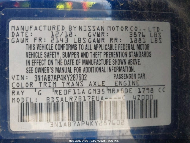Nissan SENTRA SR 2019 3N1AB7AP4KY287602 Image 9