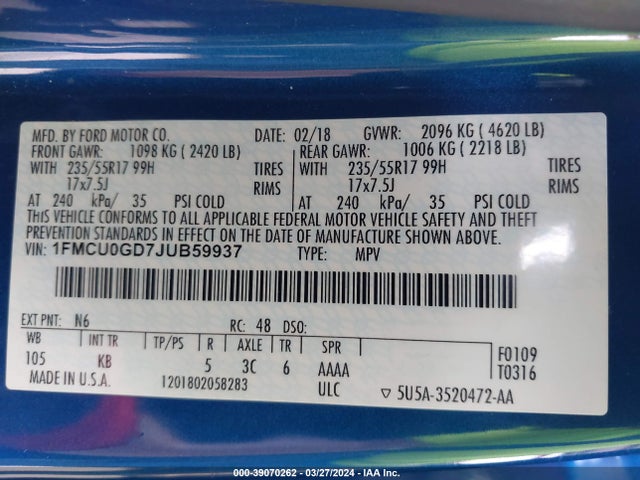 Ford ESCAPE SE 2018 1FMCU0GD7JUB59937 Image 9
