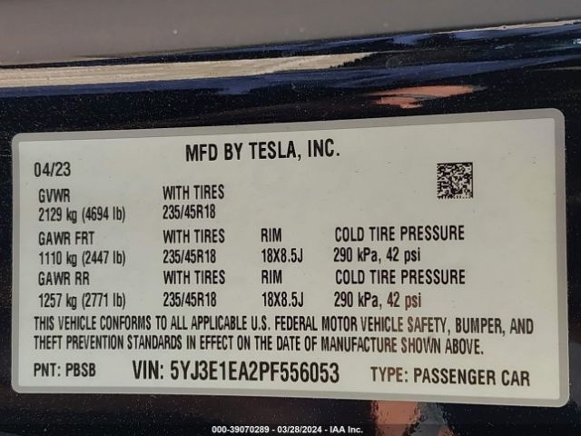 5YJ3E1EA2PF556053 Tesla Model 3 Rear-wheel Drive
