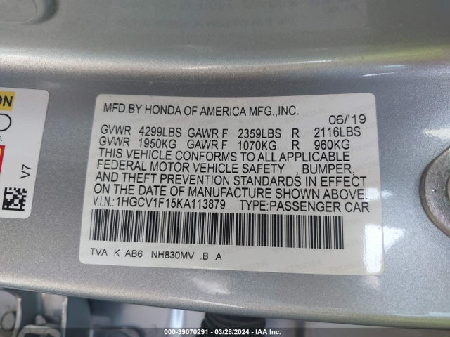 Honda ACCORD LX 2019 1HGCV1F15KA113879 Image 9