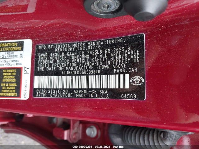 Toyota CAMRY SE 2016 4T1BF1FK6GU599670 Image 9