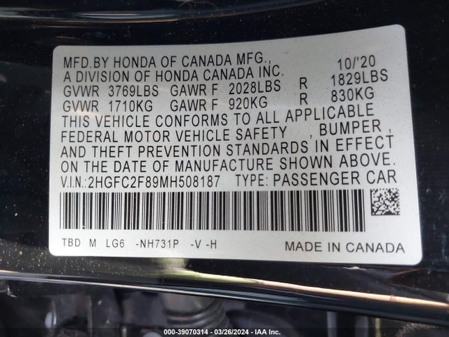 Honda Civic Sport 2021 2HGFC2F89MH508187 Image 9