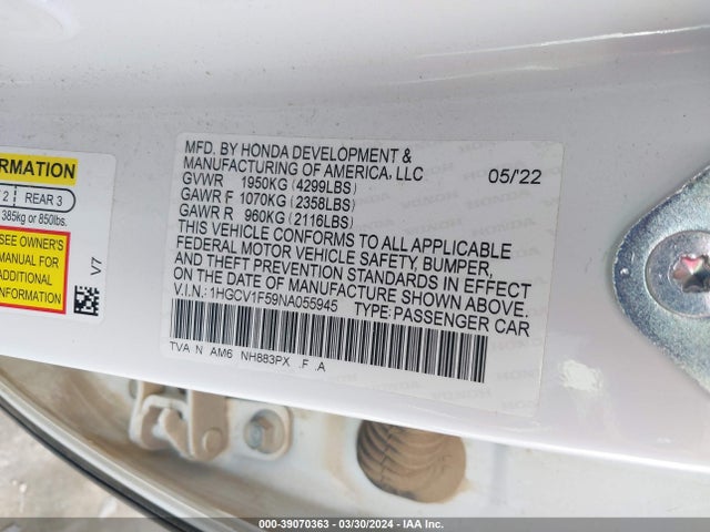 Honda Accord Ex-l 2022 1HGCV1F59NA055945 Image 9