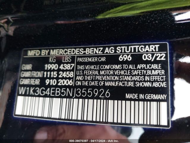 W1K3G4EB5NJ355926 Mercedes-Benz A 220