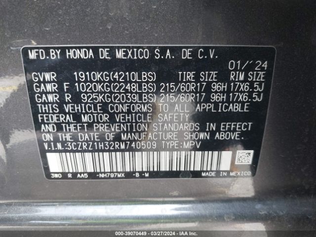 3CZRZ1H32RM740509 Honda Hr-v 2wd Lx