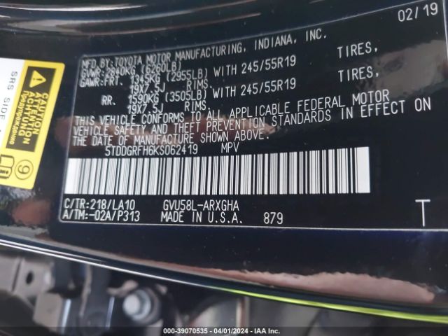 5TDDGRFH6KS062419 Toyota Highlander Hybrid Limited
