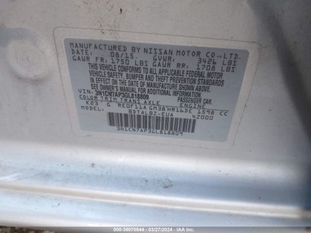3N1CN7AP3GL818809 Nissan Versa 1.6 S/1.6 S+/1.6 Sl/1.6 Sv