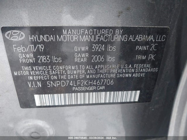 Hyundai ELANTRA SE 2019 5NPD74LF2KH467706 Image 9