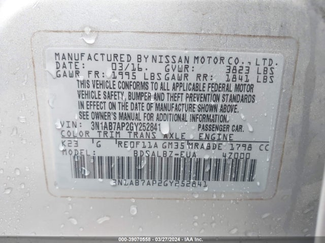 Nissan SENTRA S 2016 3N1AB7AP2GY252841 Image 9