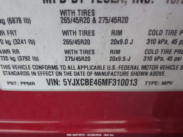 Tesla Model X Performance Dual Motor All-wheel Drive 2021 5YJXCBE46MF310013 Image 9
