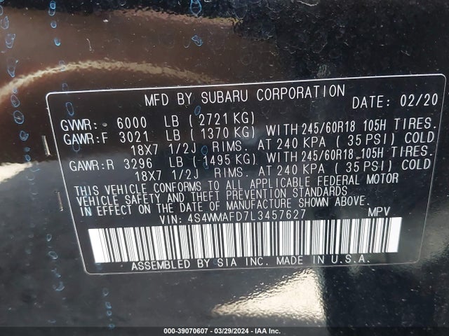 Subaru Ascent Premium 2020 4S4WMAFD7L3457627 Image 9