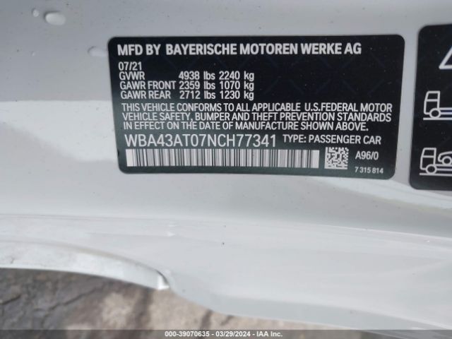WBA43AT07NCH77341 BMW 430xi