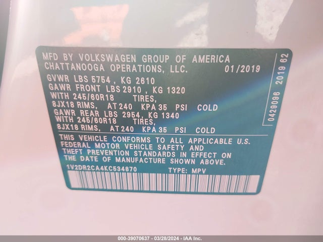 1V2DR2CA4KC534870 Volkswagen Atlas 3.6l V6 Se