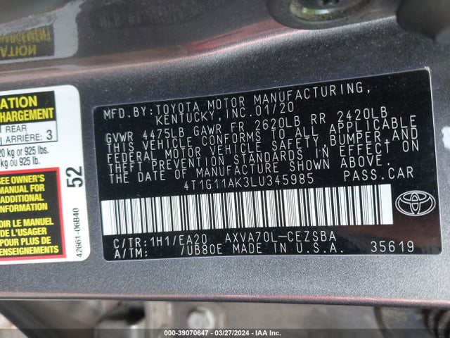Toyota CAMRY SE 2020 4T1G11AK3LU345985 Image 9