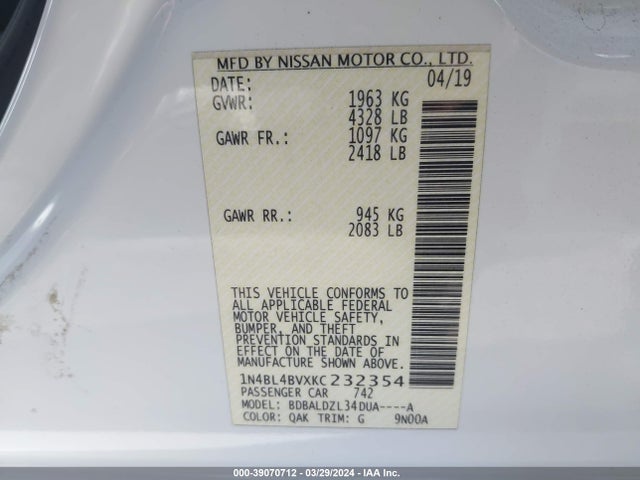 Nissan ALTIMA S 2019 1N4BL4BVXKC232354 Image 9