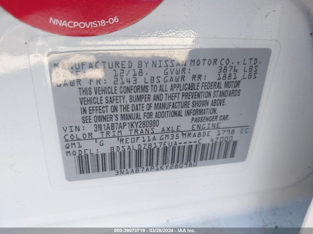 Nissan SENTRA SV 2019 3N1AB7AP1KY280980 Image 9