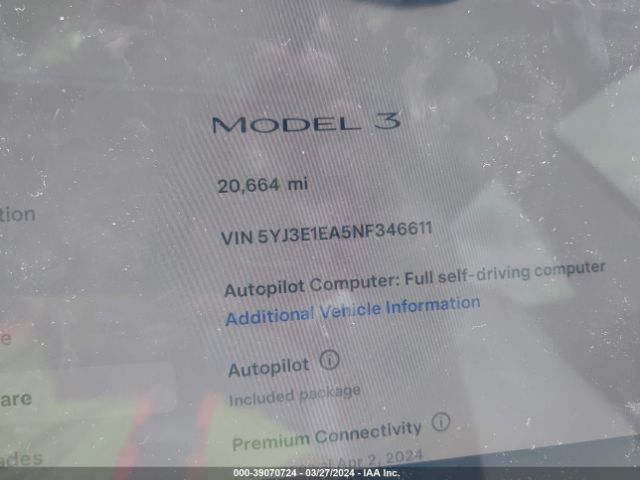 5YJ3E1EA5NF346611 Tesla Model 3 Rear-wheel Drive