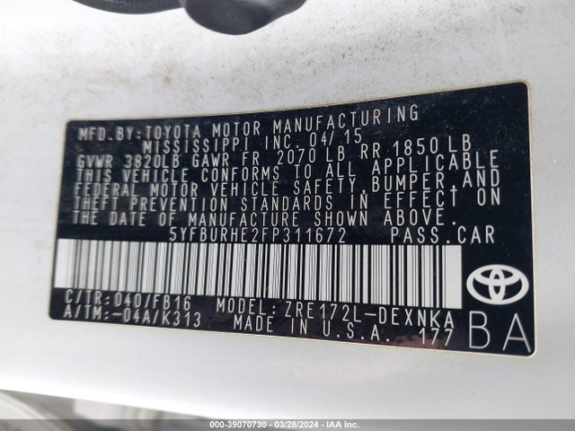 Toyota COROLLA LE 2015 5YFBURHE2FP311672 Image 9