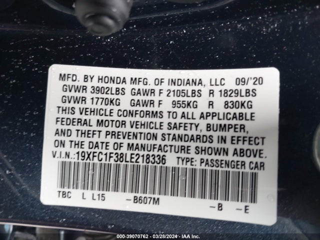 Honda CIVIC EX 2020 19XFC1F38LE218336 Image 9