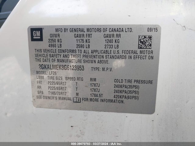 GMC Terrain Sle-1 2016 2GKALMEK8G6123953 Image 9