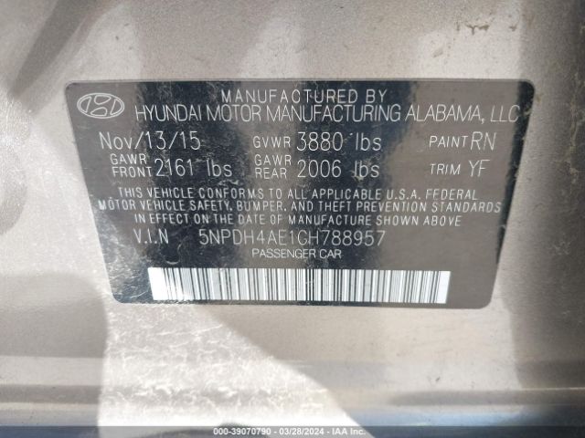 5NPDH4AE1GH788957 Hyundai ELANTRA SE