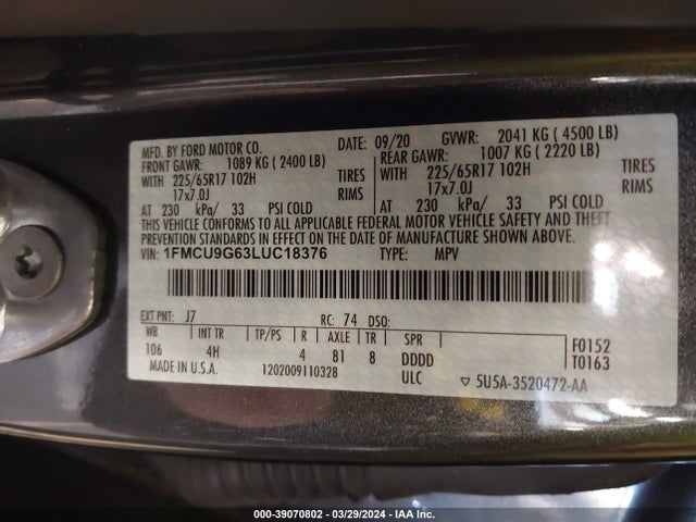 Ford ESCAPE SE 2020 1FMCU9G63LUC18376 Image 9