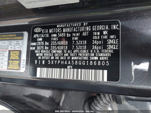 KIA Sorento 3.3l Ex 2016 5XYPH4A58GG186805 Image 9