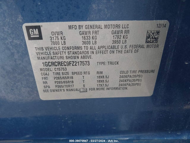 Chevrolet Silverado 1500 2lt 2015 1GCRCREC9FZ217573 Image 9