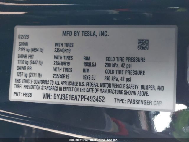 5YJ3E1EA7PF493452 Tesla Model 3 Rear-wheel Drive