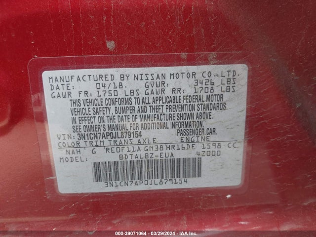 Nissan Versa 1.6 Sv 2018 3N1CN7AP0JL879154 Image 9