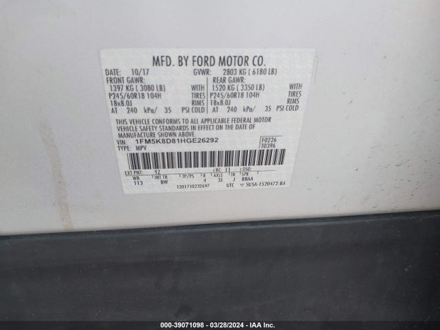 Ford EXPLORER XLT 2017 1FM5K8D81HGE26292 Image 9