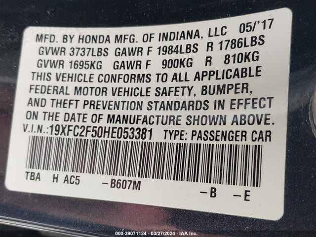 Honda Civic Lx 2017 19XFC2F50HE053381 Image 9