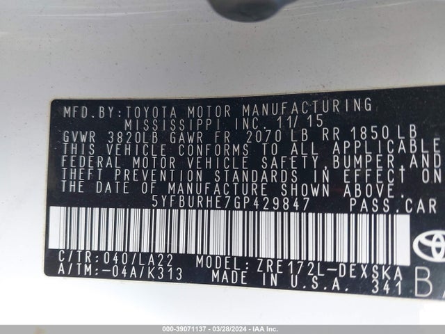 Toyota Corolla S Premium 2016 5YFBURHE7GP429847 Image 9