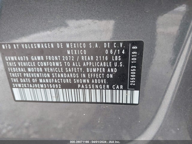 Volkswagen Jetta 2.0l S 2014 3VW2K7AJ9EM315092 Image 9