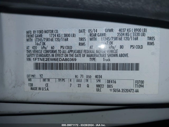 Ford E-250 Commercial 2014 1FTNE2EW6EDA80369 Image 9