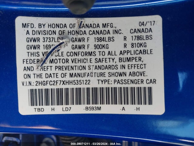 Honda CIVIC EX 2017 2HGFC2F7XHH535122 Image 9
