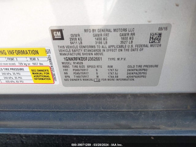 Chevrolet Traverse Ls 2015 1GNKRFKD5FJ362661 Image 9