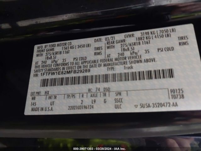 1FTFW1E82MFB29289 Ford F-150 Xlt